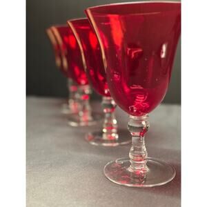 Set of 4 Ruby Red Goblets with Clear Stems – 7.5” Tall, Vintage Elegance